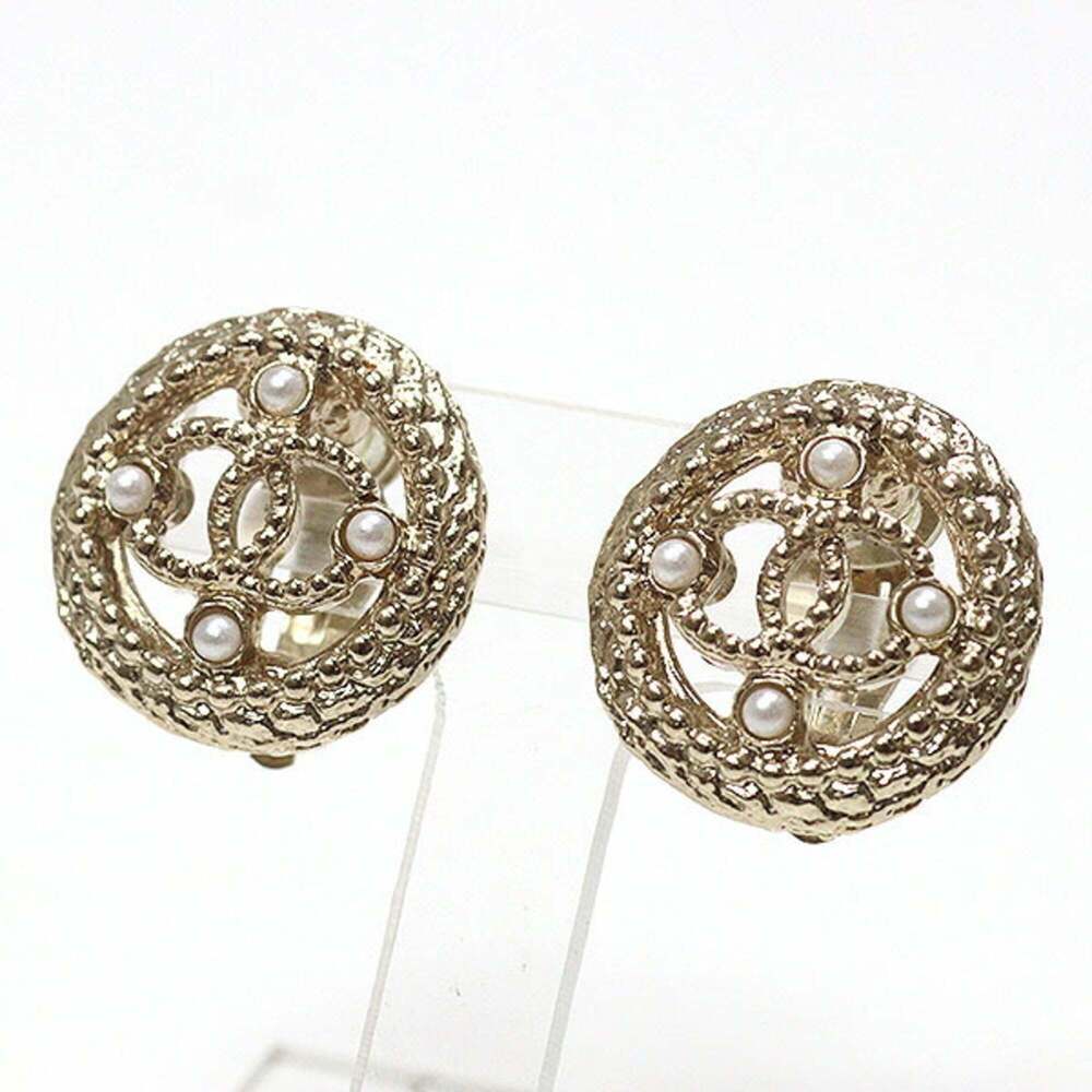 CHANEL Gold Pearl Logo Earrings